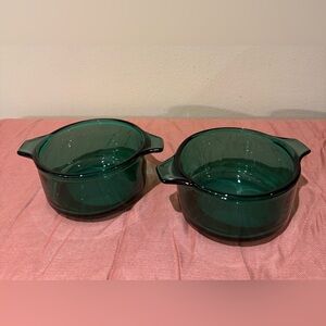 Vintage Libbey Forte Crisa Mexico Emerald Green Handles Small Casserole Dishes